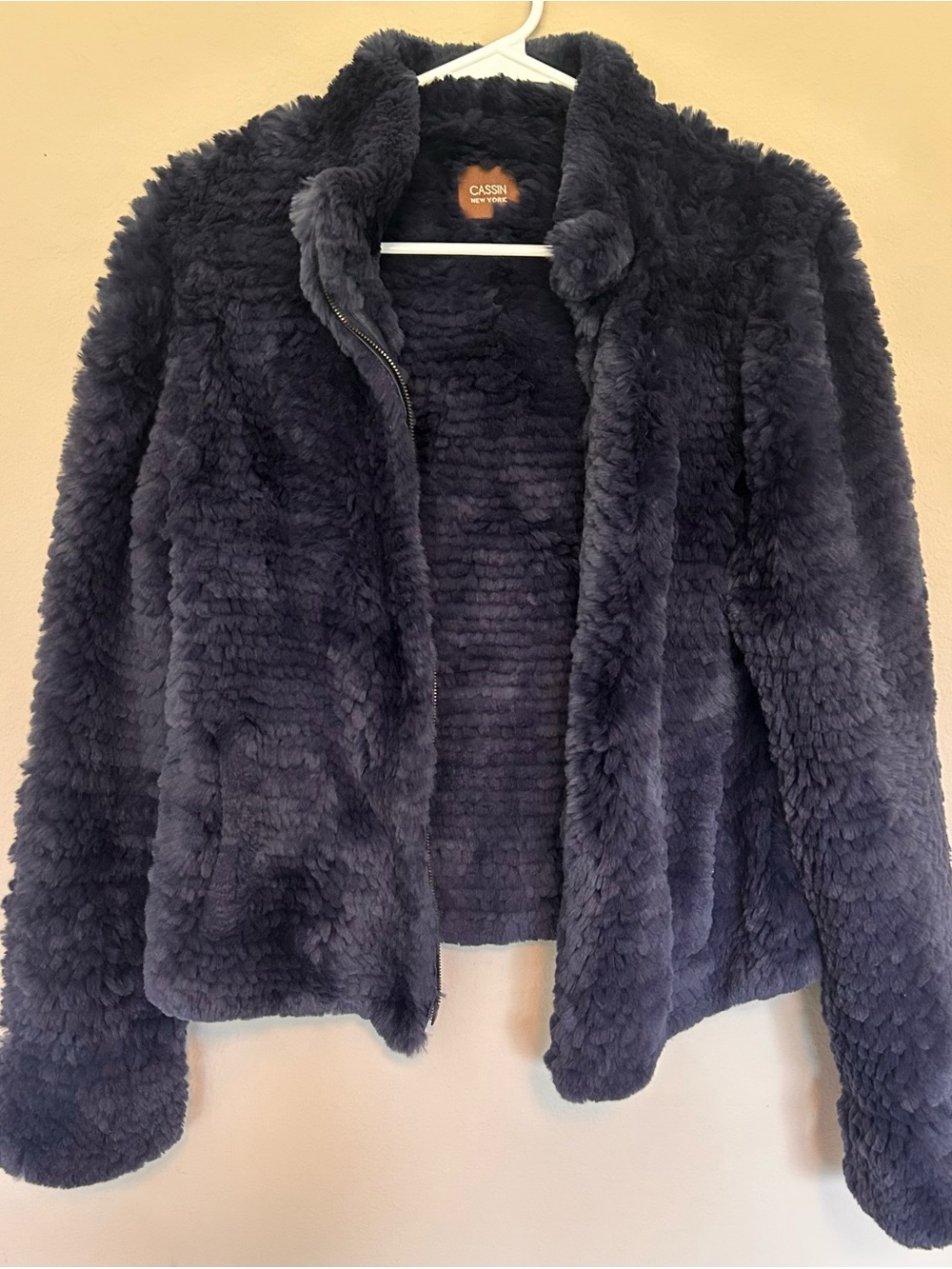 Cassin New York Faux Fur Ribbed Plush Jacket Blue Grey Size Small